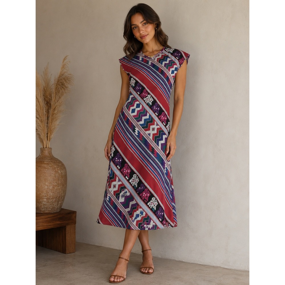 Carolina‎ K Dress Womens XS Red Geometric Midi Boho Tribal Print